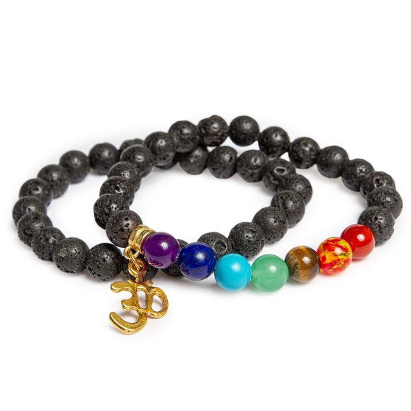 Set of Black Natural Lava Stretch Bracelet with and 1 Chakra Quartz Bracelet - Picture 1 of 3